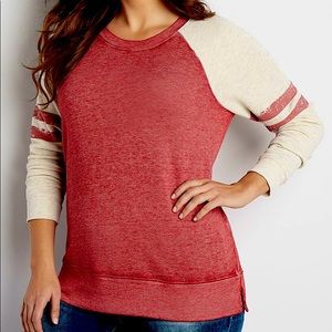 Maurice’s burnwash football pullover sweatshirt.